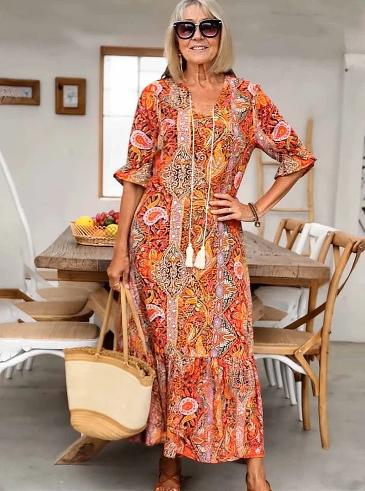 LUNESTRA – BOHO DRAWSTRING NECK MAXI DRESS