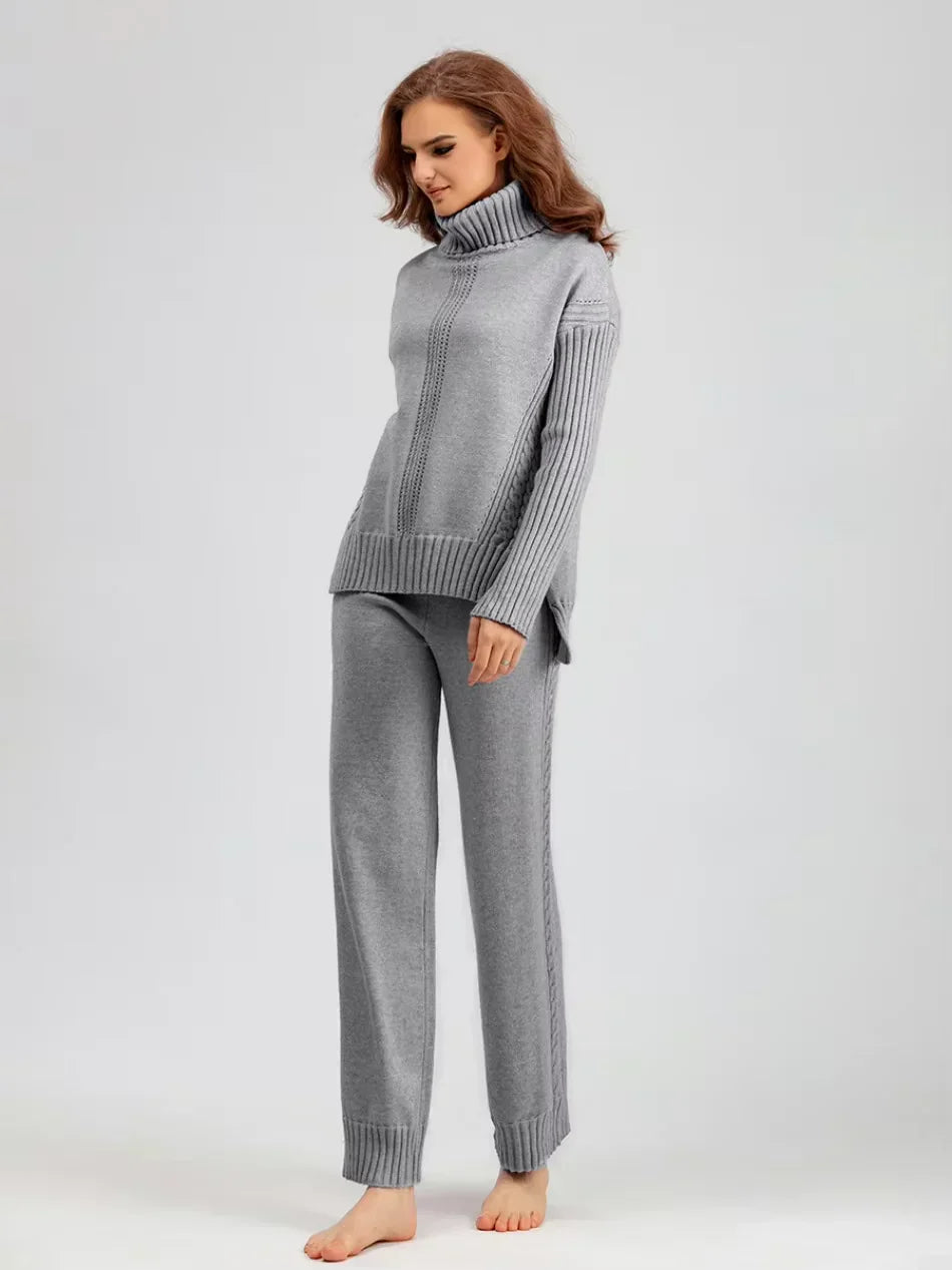 Scarlett - Chic High-Neck Knit Sweater & Loose Pants Set