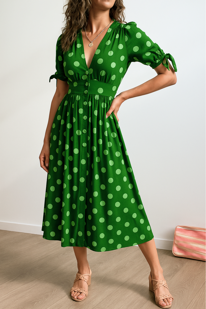 FREYA – ELEGANT POLKA DOT DRESS WITH V-NECK