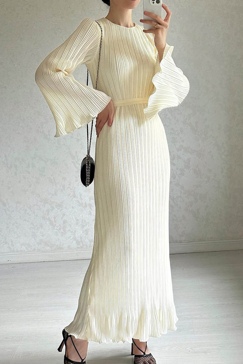 ELANI – STREET SOLID PATCHWORK PLEATED LONG DRESS