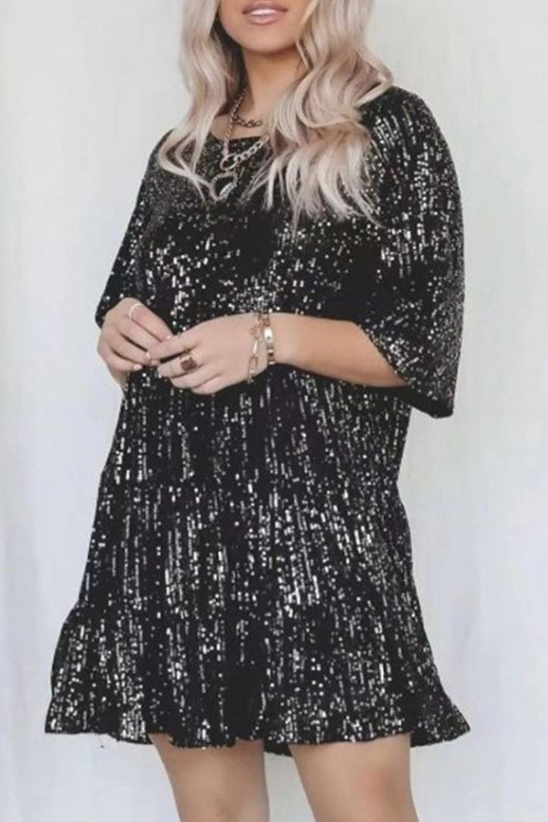 ELSINYA – CASUAL SOLID SEQUIN A-LINE DRESS