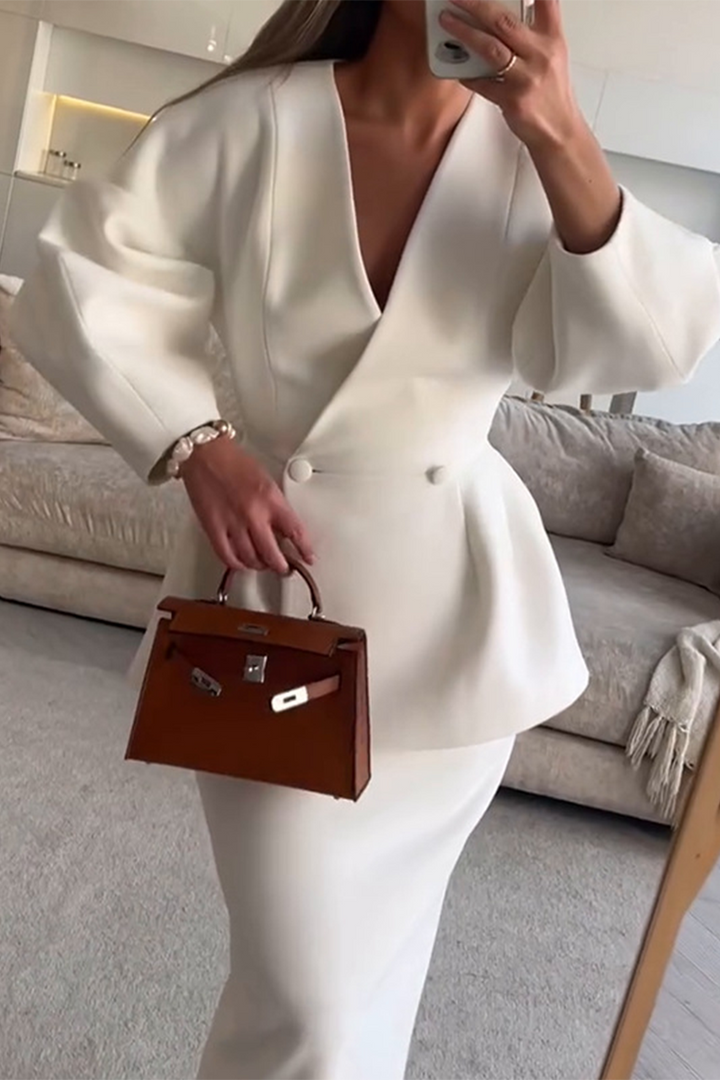 CALINA – ELEGANT BUTTONS V-NECK LONG SLEEVE TWO-PIECE SET