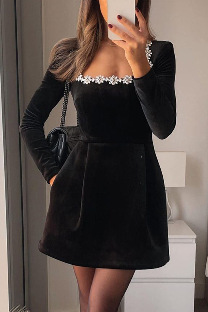 CALIANA – ELEGANT POCKET RHINESTONE DECOR SQUARE NECK A-LINE DRESS