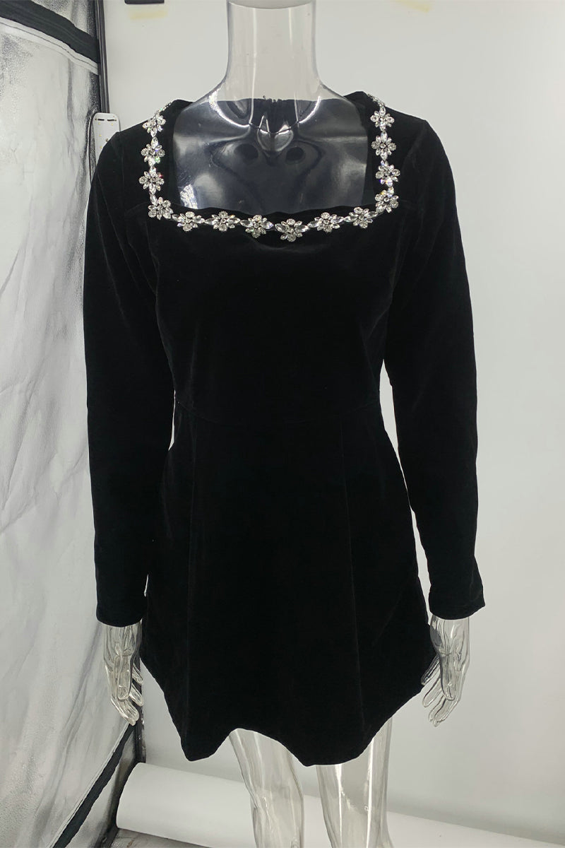 CALIANA – ELEGANT POCKET RHINESTONE DECOR SQUARE NECK A-LINE DRESS