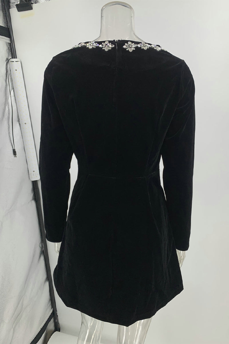 CALIANA – ELEGANT POCKET RHINESTONE DECOR SQUARE NECK A-LINE DRESS