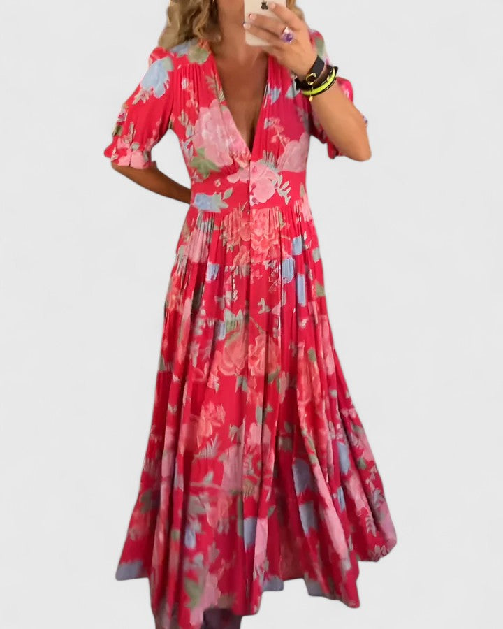 AUREVEA – ELEGANT FLORAL V-NECK DRESS