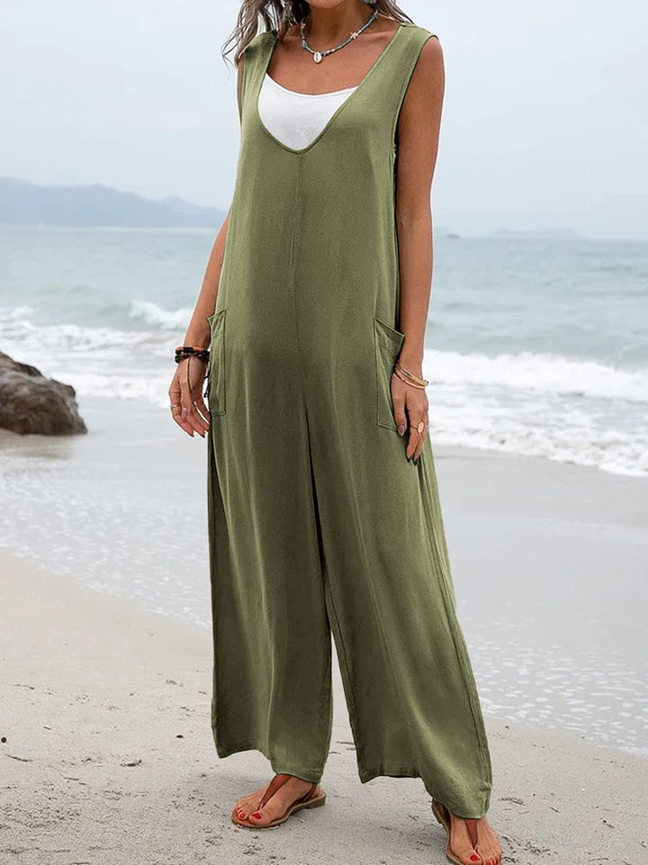 Relaxed overall with deep V-neck and two side pockets