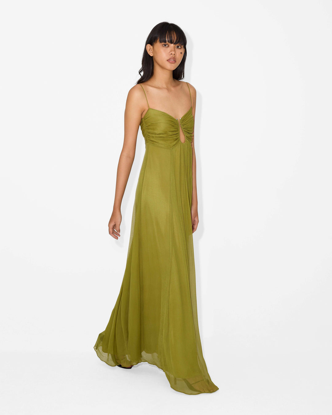 KORA – SUN-WASHED OLIVE RUCHED MAXI DRESS