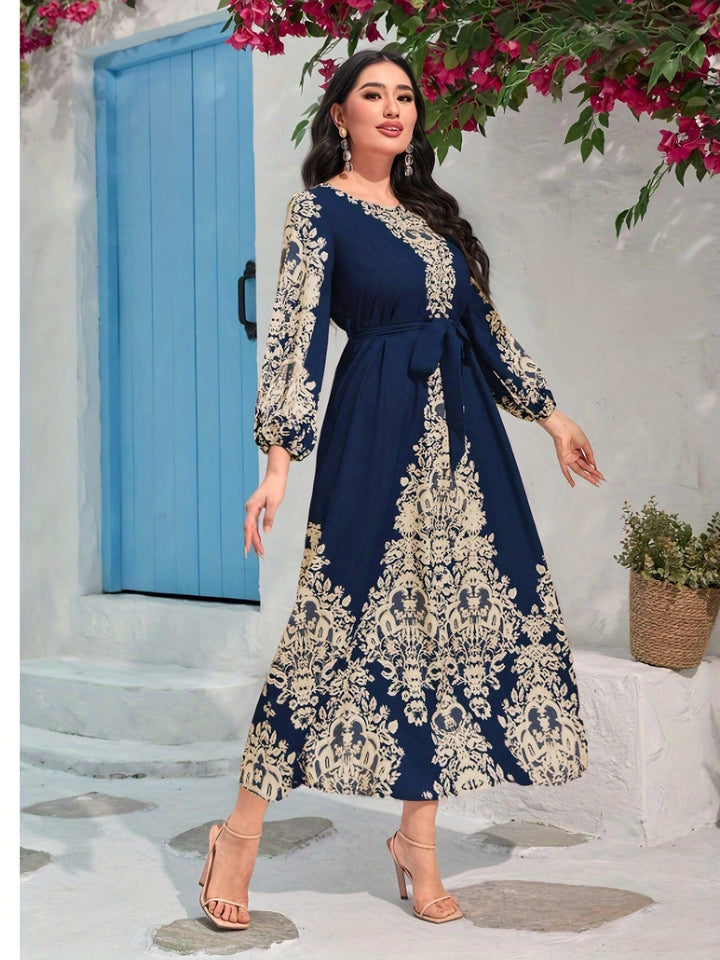 TOVE – WOMEN'S NAVY BLUE PRINTED V-NECK LONG SWING DRESS