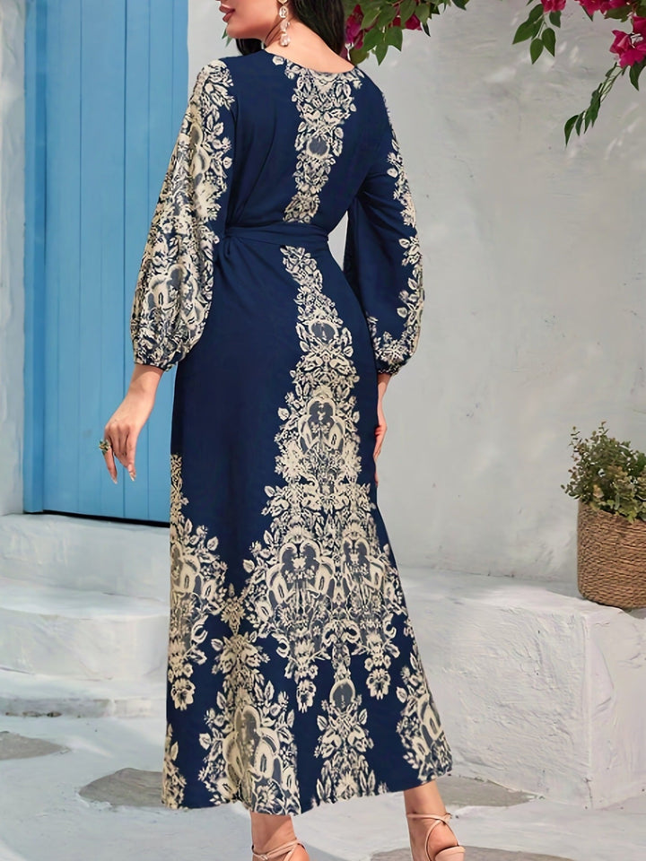 TOVE – WOMEN'S NAVY BLUE PRINTED V-NECK LONG SWING DRESS
