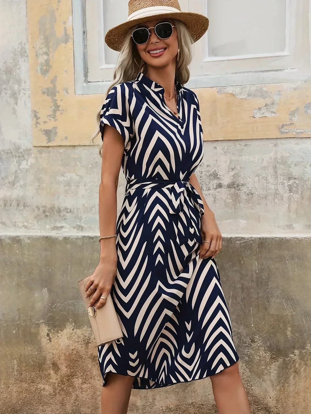 DELYRA – GEOMETRIC PATTERN DRESS WITH WAIST KNOT