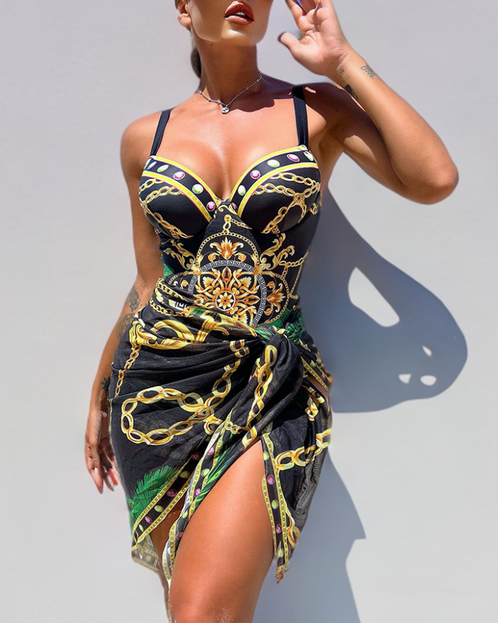 Darius - One-Piece Push-Up Swimsuit with Decorative Chain Details and Beach Skirt