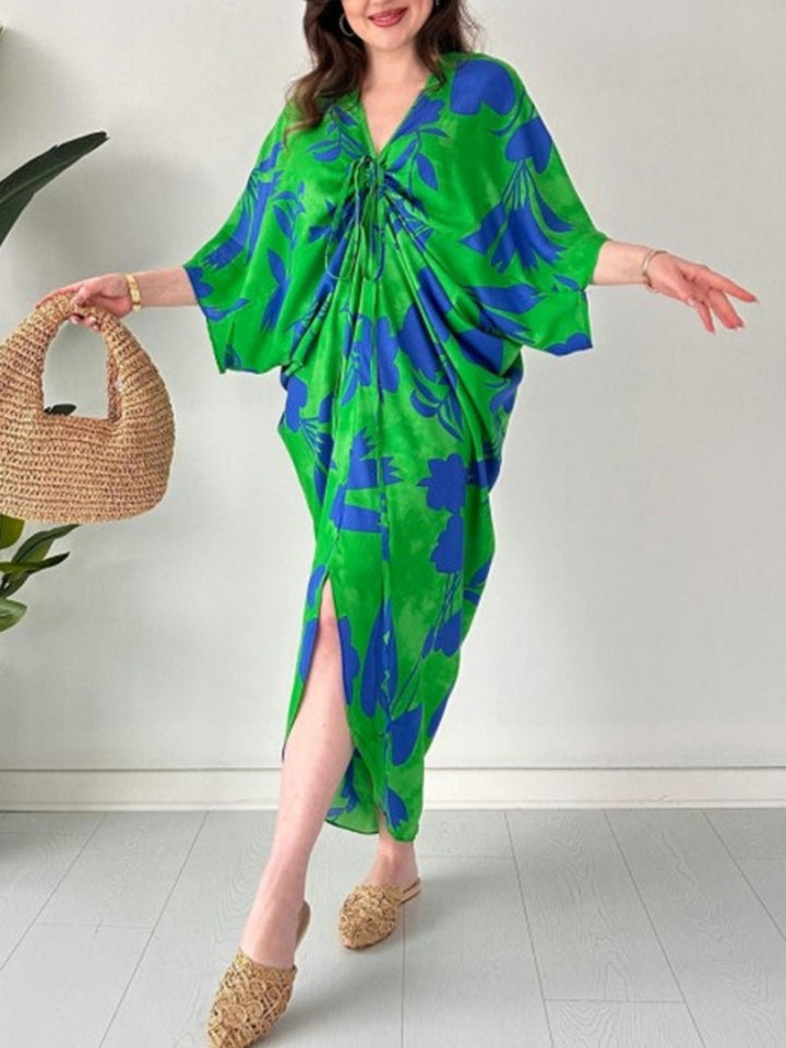 ARAVESSA – PRINTED BAT SLEEVE V-NECK DRESS