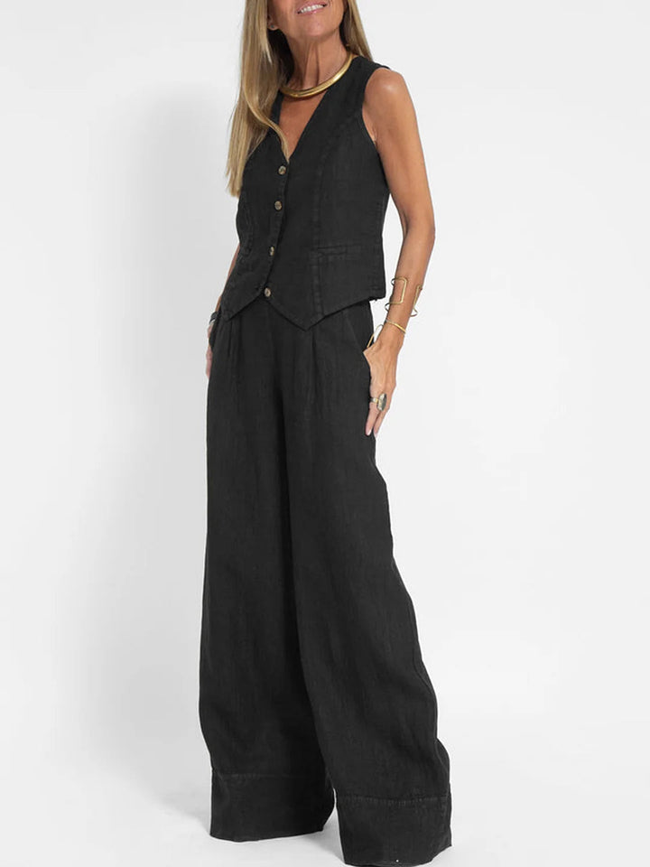 Jessica - Buttoned Vest & Wide-Leg Trousers Set