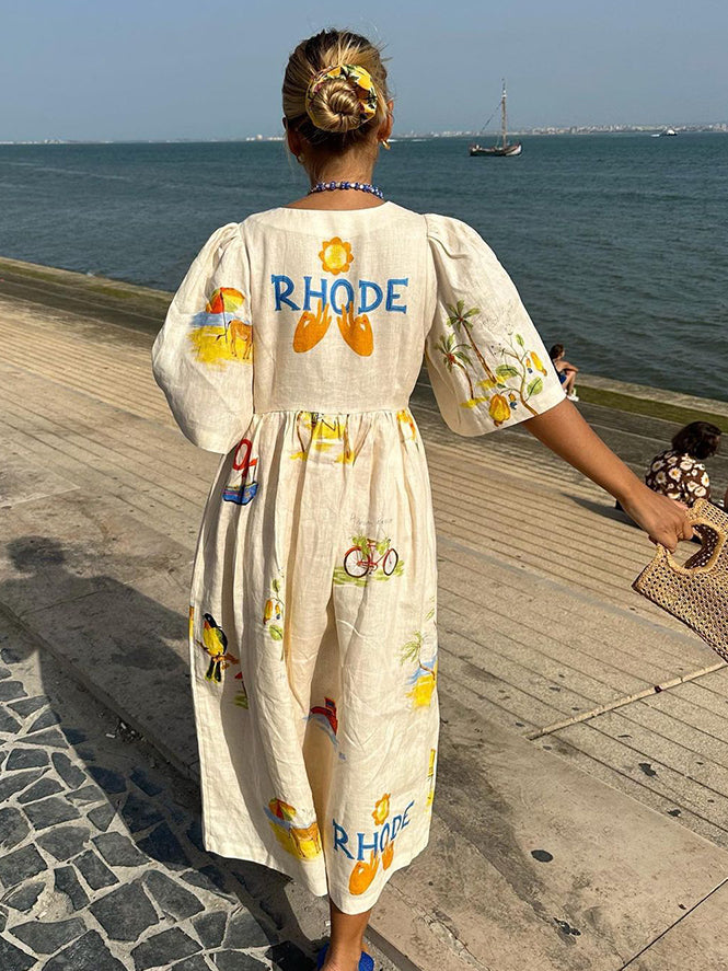 Zoey – Summer Midi Dress with Illustration Print
