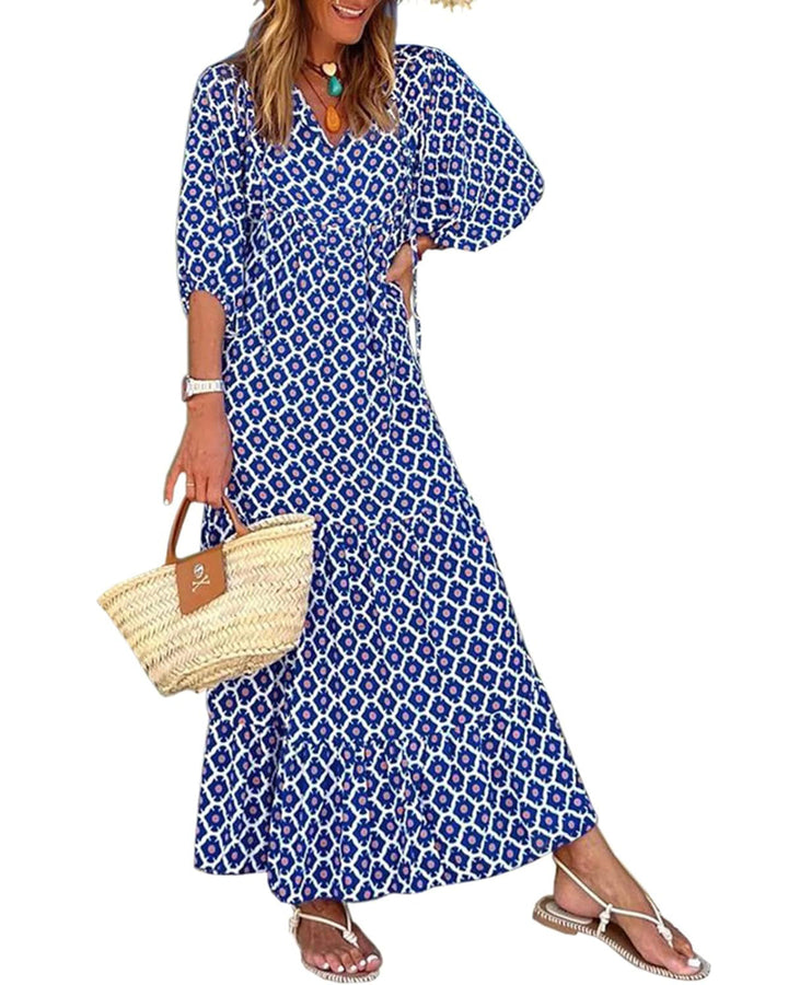 WINONA – WOMEN'S PUFF SLEEVE GEOMETRIC BOHEMIAN MAXI DRESS