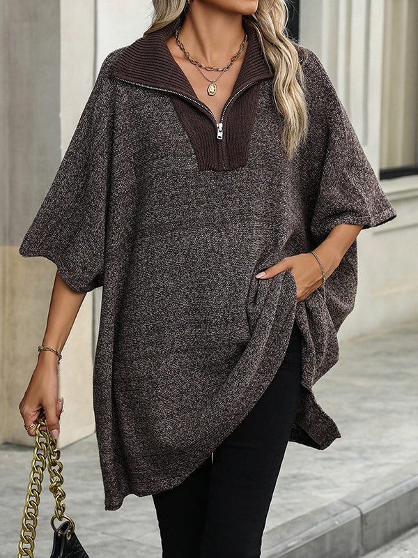 Olivia - Zip Collar Knit Sweater Poncho