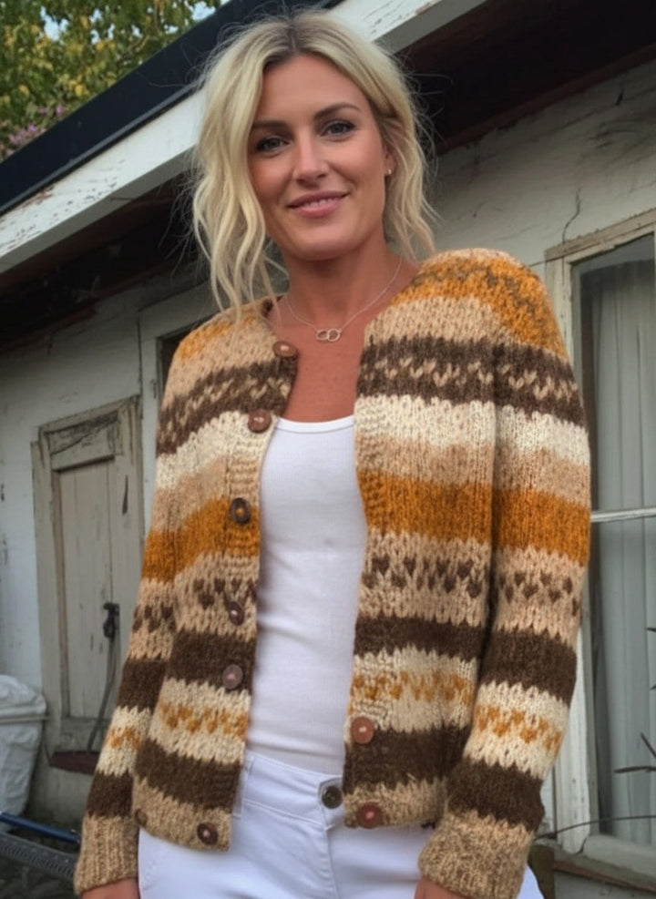 Striped Colour Block Print Buttoned Cardigan Sweater