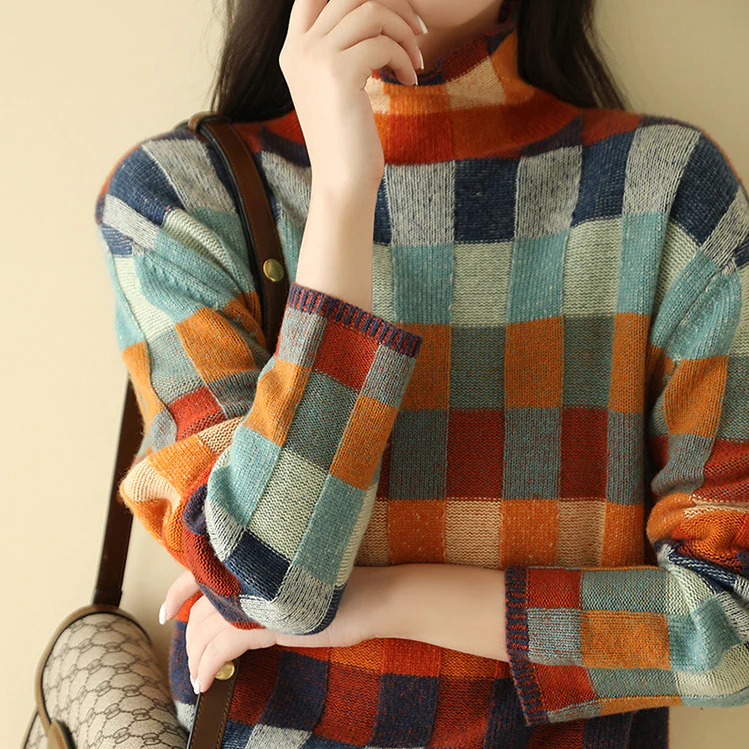 Katherine – Chic Wool Knit Plaid Turtleneck Sweater