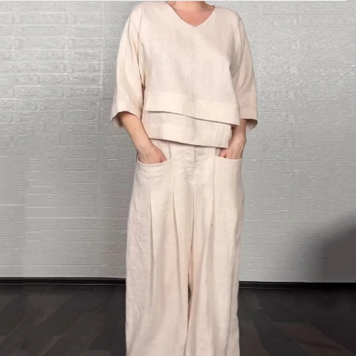 Cotton Linen Short Sleeve Two Piece Set